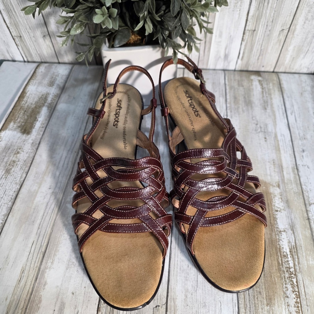 Softspots Womens Burgundy Brown Leather Strappy Wedge Slingback Sandals Size 9M